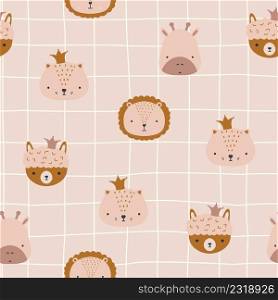 Seamless pattern with cute animals faces. Childish print for nursery in a Scandinavian style. For baby clothes, interior, packaging. Vector cartoon illustration in pastel colors.. Seamless pattern with cute animals faces. Childish print for nursery in a Scandinavian style. For baby clothes, interior, packaging. Vector cartoon illustration in pastel colors