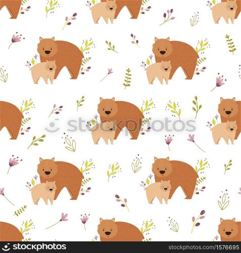 Seamless pattern with cute animals families wombat, bear, otter. Vector illustration for nursery designs, wrapping paper, clothing, fabric.. Seamless pattern with cute wombat families and field plants.