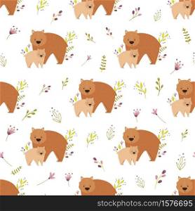 Seamless pattern with cute animals families wombat, bear, otter. Vector illustration for nursery designs, wrapping paper, clothing, fabric.. Seamless pattern with cute wombat families and field plants.