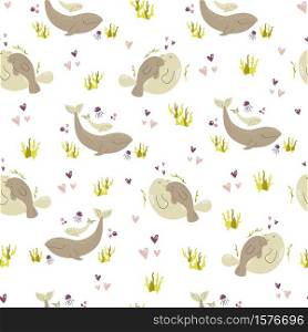 Seamless pattern with cute animals families wombat, bear, otter. Vector illustration for nursery designs, wrapping paper, clothing, fabric.. Seamless pattern with cute sea animals families whales, manatees. Nursery print