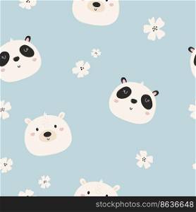 Seamless pattern with cute animals polar bear and panda. Cute design with animal faces for cloth prints, wallpaper, wrapping paper. Seamless pattern with cute animals polar bear and panda