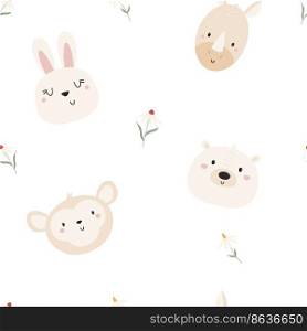 Seamless pattern with cute animals polar bear, rabbit, monkey and rhino. Cute design with animal faces for cloth prints, wallpaper, wrapping paper. Seamless pattern with cute animals polar bear, rabbit, monkey and rhino