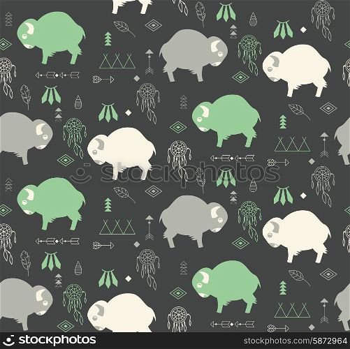 Seamless pattern with cute baby buffaloes and native American symbols, vector illustration