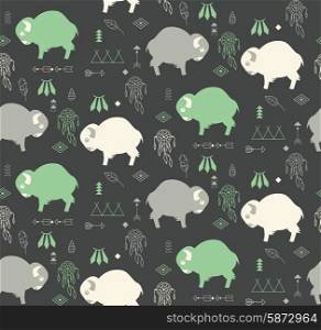 Seamless pattern with cute baby buffaloes and native American symbols, vector illustration