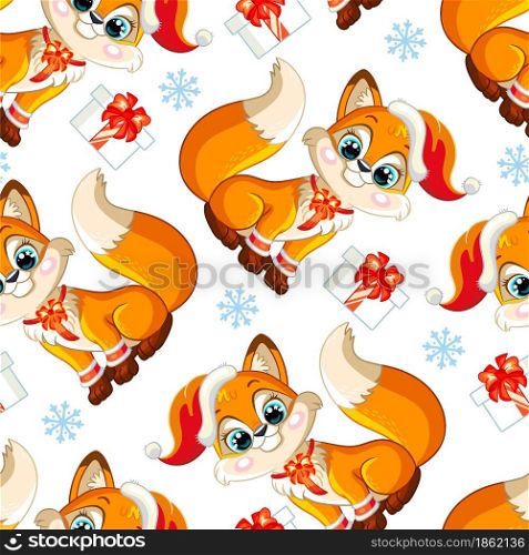 Seamless pattern with cute baby fox character, gifts and snowflakes. Winter Christmas concept. Vector illustration isolated on white background.For design, print, decor, wallpaper,linen,dishes,textile. Vector seamless pattern with baby Christmas fox