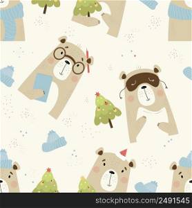 Seamless pattern with cute bears. Animal in winter clothes, a Santa hat and a Christmas tree, with a book and glasses, with a pillow and a mask for sleeping on a white background. Vector illustration