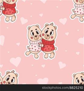 Seamless pattern with cute bears on pink background with hearts. Vector illustration. Endless background for valentines, wallpapers, packaging, print