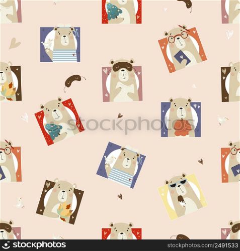 Seamless pattern with cute bears. Portraits of bears with Christmas tree, pumpkin for Halloween, with autumn leaves and sailor with seagull on light background. Vector illustration for kids collection