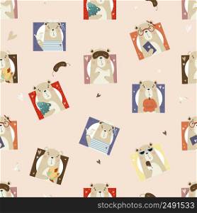 Seamless pattern with cute bears. Portraits of bears with Christmas tree, pumpkin for Halloween, with autumn leaves and sailor with seagull on light background. Vector illustration for kids collection