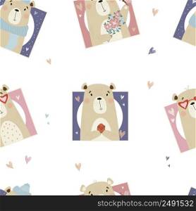 Seamless pattern with cute bears. Portraits of bears with flowers, with an Easter egg, in winter clothes and glasses on white background. Vector illustration for design, Decor and kids collection