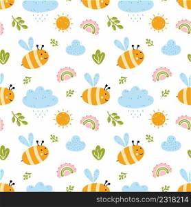 Seamless pattern with cute bee for sewing children clothes. Background in nursery with clouds and rainbow. Printing on textiles.