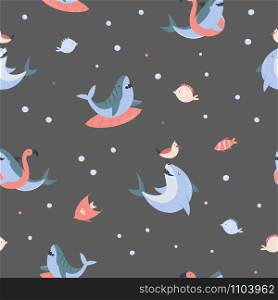 Seamless pattern with cute birds. Vector illustration. Woodland concept.For textures, prints, gift boxes, wrapping paper. Summer seamless pattern with hand drawn sharks