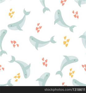 Seamless pattern with cute blue whales. For print, greeting cards, textile, fabric decoration. Seamless pattern with cute blue whales and hearts
