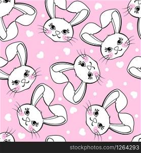 Seamless pattern with cute bunny and hearts on pink background. Design element for apparel, fabric, textile, wallpaper, wrapping paper. Vector illustration.. Seamless pattern with cute bunny and hearts on pink background.