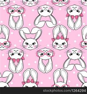 Seamless pattern with cute bunny girl on polka dot background. Design element for apparel, fabric, textile, wallpaper, wrapping paper. Vector illustration.. Seamless pattern with cute bunny girl on polka dot background.