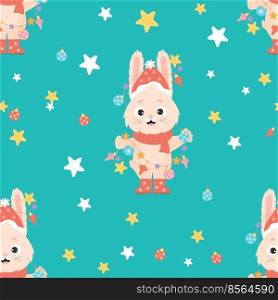 Seamless pattern with cute bunny in santa hat with Christmas garland on an emerald background with stars. Vector illustration. 2023 Year of Rabbit according to Eastern calendar. Childrens collection