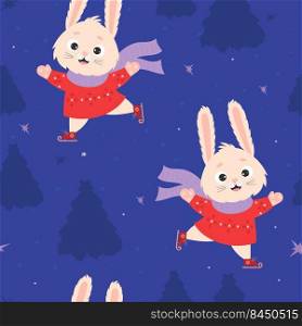 Seamless pattern with cute bunny in sweater and scarf skating on blue background with decor and trees. Vector illustration. New Year 2023 is Year of the Rabbit according to Chinese zodiac