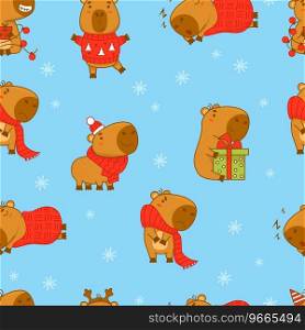 Seamless pattern with Cute capybara on blue background. Vector illustration for Christmas, new year design, wallpaper, packaging, textile. kids collection