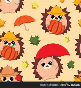 Seamless pattern with cute cartoon autumn hedgehog