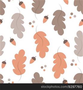 Seamless pattern with cute cartoon autumn leaves and acorns for Thanksgiving day design. Vector background.. Vector seamless pattern with cute cartoon autumn oak leaves and acorns for Thanksgiving day design on white background.