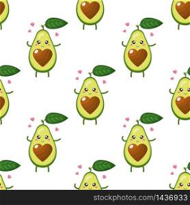 Seamless pattern with cute cartoon avocado character in love on white background. Vector illustration for any design.