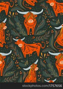 Seamless pattern with cute cartoon bulls and bison with folk pattern on green background. Oriental New Year symbol with floral pattern. Cattle with tribal ornaments. Flat texture for wallpaper, fabric. Seamless pattern with cute cartoon bulls and bison with folk pattern on green background. Oriental New Year symbol with floral pattern. Cattle with tribal ornaments. Flat texture