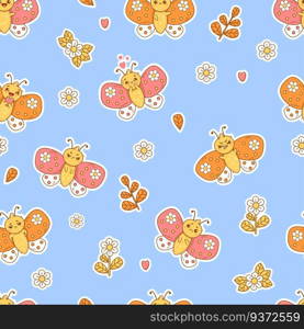 Seamless pattern with cute cartoon butterflies with emotions on blue background with flowers. Vector Illustration in style of stickers for kids collection, wallpaper, design, textile, packaging, decor