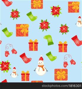 Seamless pattern with cute cartoon Christmas snowman, gifts, poinsettia, mittens and red, green stocking. Christmas packaging. Seamless pattern with cute cartoon Christmas snowman, gifts, poinsettia, mittens and red, green stocking.