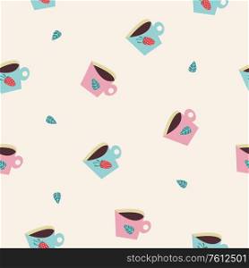 Seamless pattern with cute cartoon coffee or tea cups. Pink and light blue cups decorated with mint and strawberries. Vector illustration on a light background. Suitable for printing on fabric or paper.. Seamless pattern with cute cartoon coffee or tea cups. Pink and light blue cups decorated with mint and strawberries. Vector illustration on a light background.