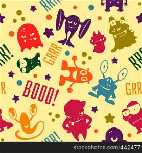 Seamless pattern with cute cartoon monsters. Background with color monster. Vector illustration. Seamless pattern with cute cartoon monsters