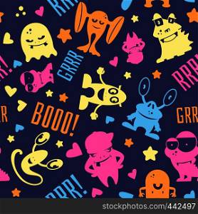 Seamless pattern with cute cartoon monsters, bubbles and words hello, monster, boo. Vector illustration. Seamless pattern with cute cartoon monsters, bubbles and words hello, monster