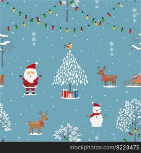 Seamless pattern with cute cartoon Santa Claus and animals celebrate party on winter night,vector illustration