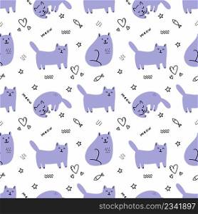 Seamless pattern with cute cat. Kitten and fish. Wallpaper for children room in doodle style. Background for sewing clothes and printing on wrapping paper.
