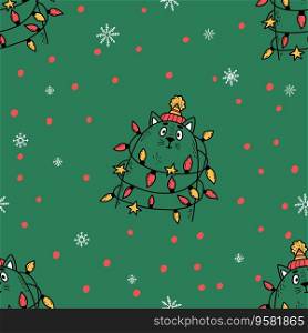 Seamless pattern with cute cat with Christmas garland on green background. Vector illustration in doodle hand drawn style for new year design, wallpaper, packaging