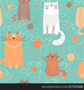 Seamless pattern with cute cats and balls of yarn. Vector illustration.