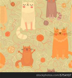 Seamless pattern with cute cats and balls of yarn. Vector illustration.. Seamless pattern with cute cats and balls of yarn.