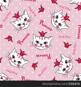 Seamless pattern with cute cats princess and crowns isolated on white background. Design element for textile, fabric, scrapbooking, wallpapers. Vector illustration.. Seamless pattern with cute cats princess isolated on white.