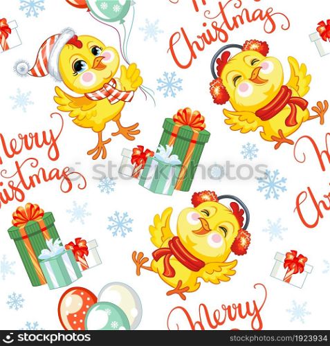 Seamless pattern with cute chickens characters, gifts, snowflakes and lettering. Winter Christmas concept. Vector illustration isolated on white background. For design, print, decor, wallpaper,textile. Vector seamless pattern with Christmas chickens