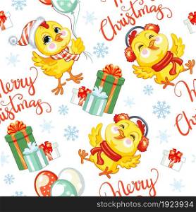 Seamless pattern with cute chickens characters, gifts, snowflakes and lettering. Winter Christmas concept. Vector illustration isolated on white background. For design, print, decor, wallpaper,textile. Vector seamless pattern with Christmas chickens