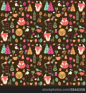 Seamless pattern with cute Christmas baby fox surrounded with floral decoration, vector illustration