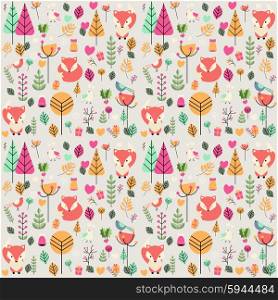 Seamless pattern with cute Christmas baby fox surrounded with floral decoration, vector illustration