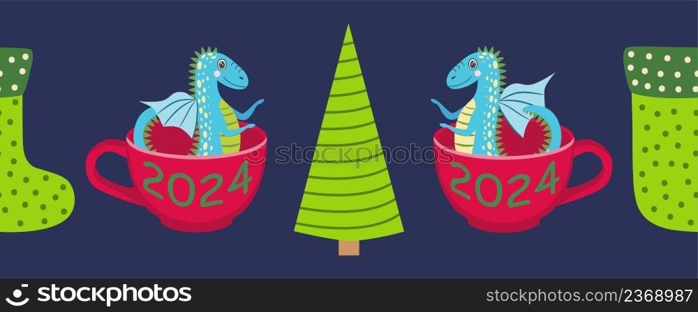 Seamless pattern with cute Christmas dragons, horizontal banner. Chinese New Year with dragons for 2024. Seamless pattern with cute dragons Christmas design. Chinese New Year background with dragons for 2024