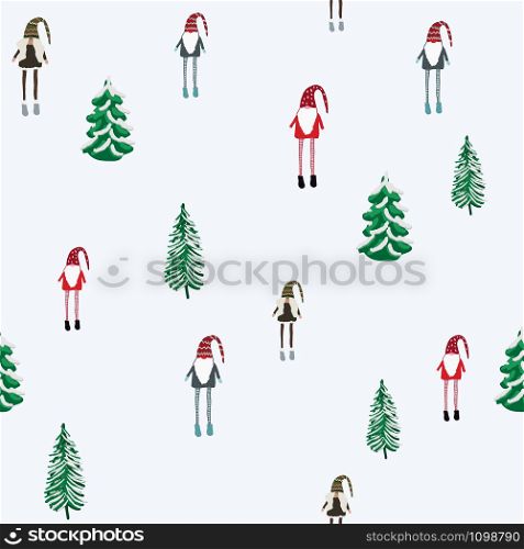 Seamless pattern with cute Christmas gnomes. Beautiful Christmas season trees and elves decorations. For wrapping paper, textiles, fabric. Flat cartoon vector illustration.. Seamless pattern with cute Christmas gnomes.