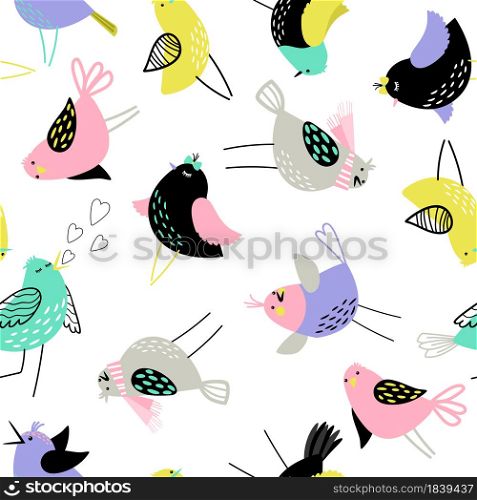 Seamless pattern with cute colored birds