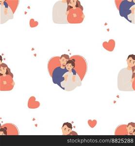 Seamless pattern with cute couple in love. Happy people hugging on white background with heart. Vector illustration. Romantic endless background valentine, for festive packaging, textiles, printing