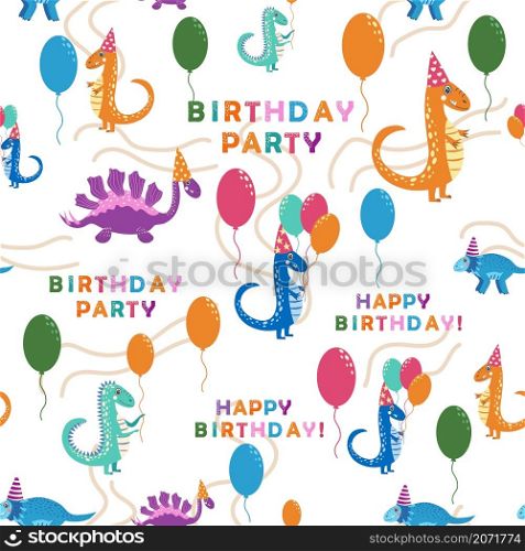 Seamless pattern with cute dinosaurs. Dinosaurs celebrate their birthday with gifts and sweets. seamless pattern with cute dinosaurs Happy Birthday. seamless pattern with cute dinosaurs Happy Birthday