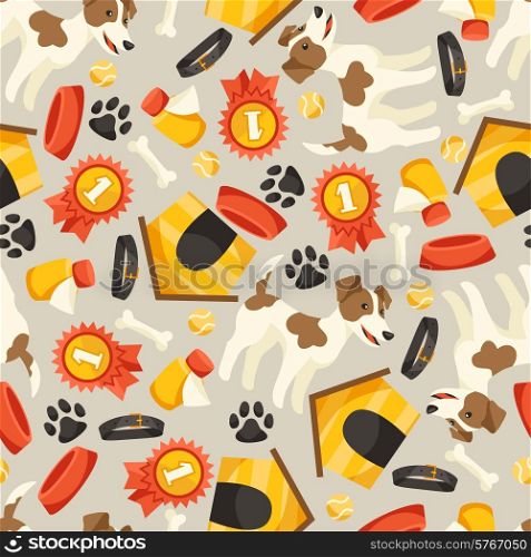 Seamless pattern with cute dogs, icons and objects.