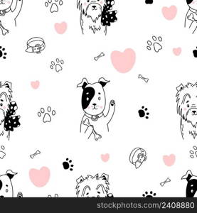 seamless pattern with Cute domestic Funny dogs with bone in paw and bow on neck on white background with paw marks and collars. Vector illustration in hand drawn linear doodles for design, decoration