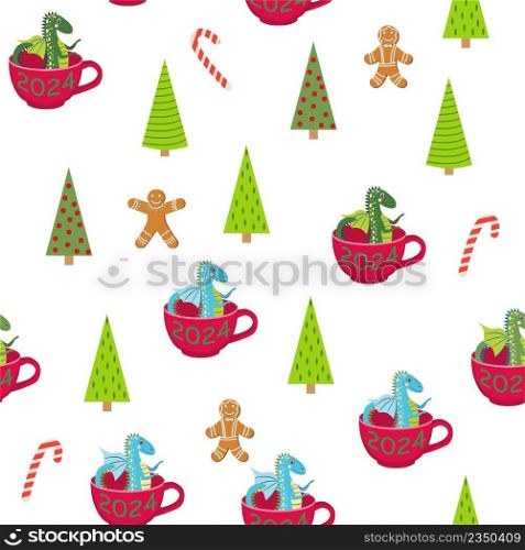 Seamless pattern with cute dragons Christmas design. Chinese New Year background with dragons for 2024.. Seamless pattern with cute dragons Christmas design. Chinese New Year background with dragons for 2024