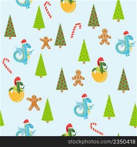 Seamless pattern with cute dragons Christmas design. Chinese New Year background with dragons for 2024.. Seamless pattern with cute dragons Christmas design. Chinese New Year background with dragons for 2024